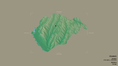 Moldova 'nın Glodeni bölgesi, jeoreferatlı bir sınır kutusunda sağlam bir arka planda izole edilmiş. Etiketler. Topografik yardım haritası. 3B görüntüleme