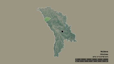 Başkenti, ana bölgesel bölünmesi ve ayrılmış Glodeni bölgesiyle Moldova 'nın dejenere edilmiş şekli. Etiketler. Topografik yardım haritası. 3B görüntüleme