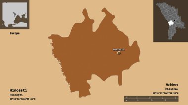 Hincesti 'nin şekli, Moldova ilçesi ve başkenti. Uzaklık ölçeği, ön gösterimler ve etiketler. Düzenli desenli dokuların bileşimi. 3B görüntüleme