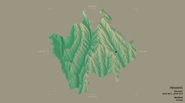 Moldova 'nın Hincesti bölgesi, jeoreferatlı bir sınır kutusunda sağlam bir arka planda izole edilmiş. Etiketler. Topografik yardım haritası. 3B görüntüleme