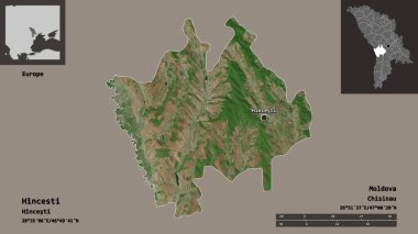 Hincesti 'nin şekli, Moldova ilçesi ve başkenti. Uzaklık ölçeği, ön gösterimler ve etiketler. Uydu görüntüleri. 3B görüntüleme