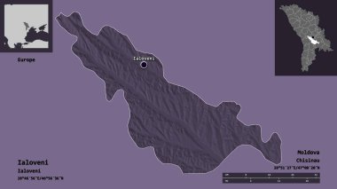 Moldova 'nın Ialoveni ilçesi ve başkenti. Uzaklık ölçeği, ön gösterimler ve etiketler. Renkli yükseklik haritası. 3B görüntüleme
