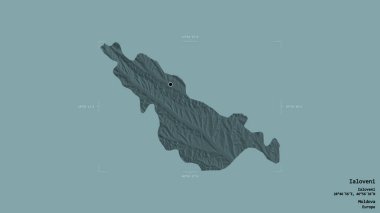 Moldova 'nın Ialoveni bölgesi, Gürcistan sınırındaki bir kutunun sağlam bir arka planında izole edilmiş. Etiketler. Renkli yükseklik haritası. 3B görüntüleme