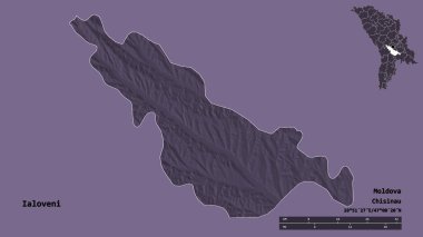 Moldova 'nın Ialoveni ilçesi, başkenti sağlam arka planda izole edilmiş. Uzaklık ölçeği, bölge önizlemesi ve etiketleri. Renkli yükseklik haritası. 3B görüntüleme