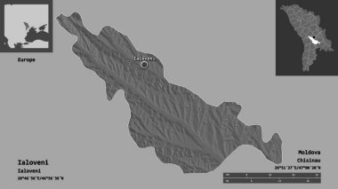 Moldova 'nın Ialoveni ilçesi ve başkenti. Uzaklık ölçeği, ön gösterimler ve etiketler. Çift seviyeli yükseklik haritası. 3B görüntüleme