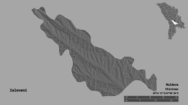 Moldova 'nın Ialoveni ilçesi, başkenti sağlam arka planda izole edilmiş. Uzaklık ölçeği, bölge önizlemesi ve etiketleri. Çift seviyeli yükseklik haritası. 3B görüntüleme