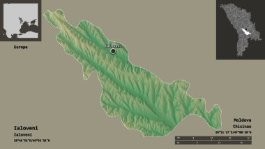 Moldova 'nın Ialoveni ilçesi ve başkenti. Uzaklık ölçeği, ön gösterimler ve etiketler. Topografik yardım haritası. 3B görüntüleme