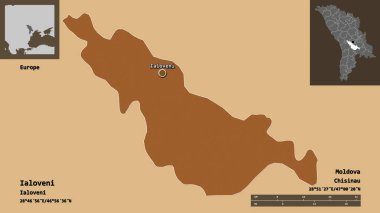 Moldova 'nın Ialoveni ilçesi ve başkenti. Uzaklık ölçeği, ön gösterimler ve etiketler. Düzenli desenli dokuların bileşimi. 3B görüntüleme