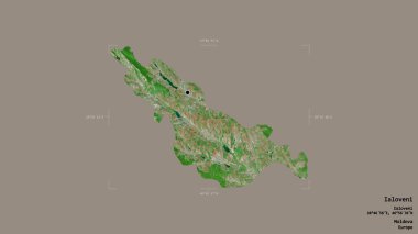 Moldova 'nın Ialoveni bölgesi, Gürcistan sınırındaki bir kutunun sağlam bir arka planında izole edilmiş. Etiketler. Uydu görüntüleri. 3B görüntüleme