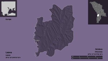 Moldova 'nın Leova ilçesi ve başkenti. Uzaklık ölçeği, ön gösterimler ve etiketler. Renkli yükseklik haritası. 3B görüntüleme