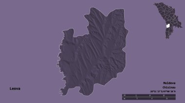 Moldova 'nın Leova ilçesi, başkenti sağlam arka planda izole edilmiş. Uzaklık ölçeği, bölge önizlemesi ve etiketleri. Renkli yükseklik haritası. 3B görüntüleme