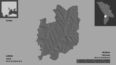 Moldova 'nın Leova ilçesi ve başkenti. Uzaklık ölçeği, ön gösterimler ve etiketler. Çift seviyeli yükseklik haritası. 3B görüntüleme
