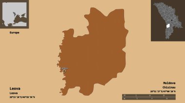 Moldova 'nın Leova ilçesi ve başkenti. Uzaklık ölçeği, ön gösterimler ve etiketler. Düzenli desenli dokuların bileşimi. 3B görüntüleme