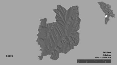 Moldova 'nın Leova ilçesi, başkenti sağlam arka planda izole edilmiş. Uzaklık ölçeği, bölge önizlemesi ve etiketleri. Çift seviyeli yükseklik haritası. 3B görüntüleme