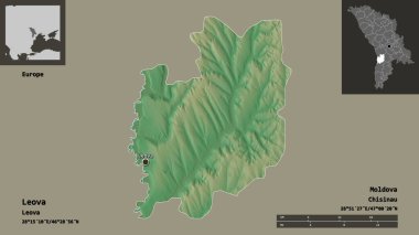 Moldova 'nın Leova ilçesi ve başkenti. Uzaklık ölçeği, ön gösterimler ve etiketler. Topografik yardım haritası. 3B görüntüleme