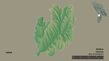 Moldova 'nın Leova ilçesi, başkenti sağlam arka planda izole edilmiş. Uzaklık ölçeği, bölge önizlemesi ve etiketleri. Topografik yardım haritası. 3B görüntüleme