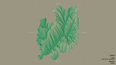 Moldova 'nın Leova ilçesi, jeoreferatlı bir sınır kutusunun sağlam bir arka planında izole edilmiş. Etiketler. Topografik yardım haritası. 3B görüntüleme