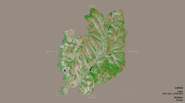 Moldova 'nın Leova ilçesi, jeoreferatlı bir sınır kutusunun sağlam bir arka planında izole edilmiş. Etiketler. Uydu görüntüleri. 3B görüntüleme