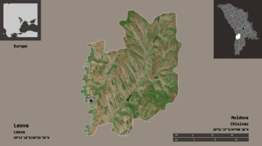Moldova 'nın Leova ilçesi ve başkenti. Uzaklık ölçeği, ön gösterimler ve etiketler. Uydu görüntüleri. 3B görüntüleme