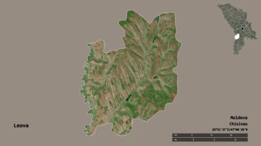 Moldova 'nın Leova ilçesi, başkenti sağlam arka planda izole edilmiş. Uzaklık ölçeği, bölge önizlemesi ve etiketleri. Uydu görüntüleri. 3B görüntüleme