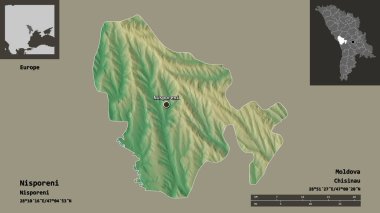 Nisporeni 'nin şekli, Moldova ilçesi ve başkenti. Uzaklık ölçeği, ön gösterimler ve etiketler. Topografik yardım haritası. 3B görüntüleme