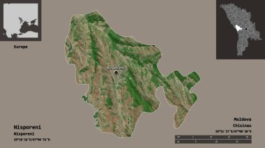Nisporeni 'nin şekli, Moldova ilçesi ve başkenti. Uzaklık ölçeği, ön gösterimler ve etiketler. Uydu görüntüleri. 3B görüntüleme