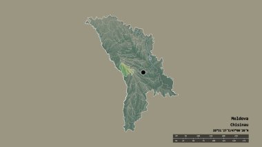 Başkenti, ana bölgesel bölünmesi ve ayrılmış Nisporeni bölgesiyle Moldova 'nın dejenere edilmiş şekli. Etiketler. Topografik yardım haritası. 3B görüntüleme