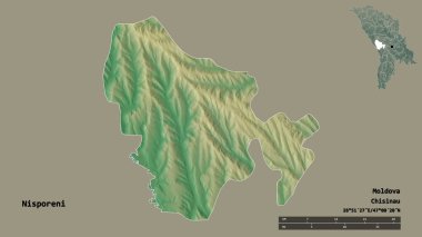 Moldova 'nın Nisporeni ilçesi, başkenti katı arka planda izole edilmiş. Uzaklık ölçeği, bölge önizlemesi ve etiketleri. Topografik yardım haritası. 3B görüntüleme
