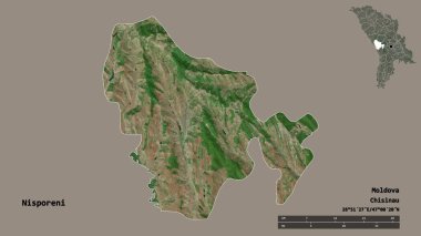 Moldova 'nın Nisporeni ilçesi, başkenti katı arka planda izole edilmiş. Uzaklık ölçeği, bölge önizlemesi ve etiketleri. Uydu görüntüleri. 3B görüntüleme