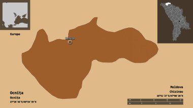 Ocnita 'nın şekli, Moldova ilçesi ve başkenti. Uzaklık ölçeği, ön gösterimler ve etiketler. Düzenli desenli dokuların bileşimi. 3B görüntüleme