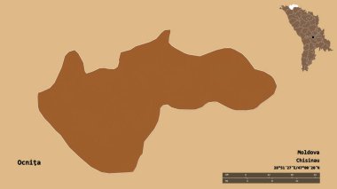 Moldova 'nın Ocnita ilçesi, başkenti sağlam arka planda izole edilmiş. Uzaklık ölçeği, bölge önizlemesi ve etiketleri. Düzenli desenli dokuların bileşimi. 3B görüntüleme