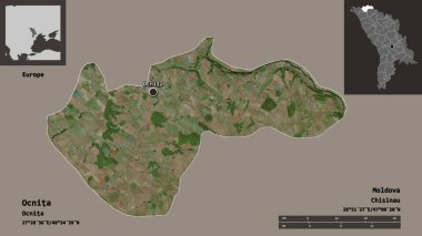 Ocnita 'nın şekli, Moldova ilçesi ve başkenti. Uzaklık ölçeği, ön gösterimler ve etiketler. Uydu görüntüleri. 3B görüntüleme