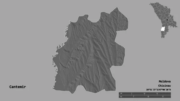 摩尔多瓦地区坎特米尔的形状 其首都在坚实的背景下与世隔绝 距离尺度 区域预览和标签 Bilevel高程图 3D渲染 — 图库照片