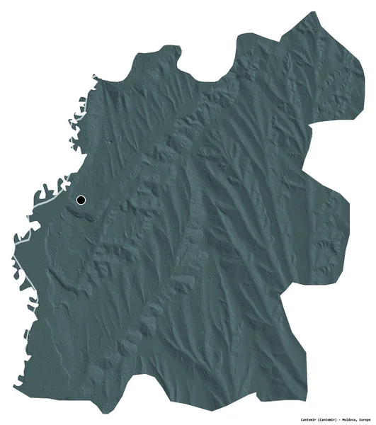 摩尔多瓦地区坎特米尔的形状 其首都因白色背景而孤立 彩色高程图 3D渲染 — 图库照片