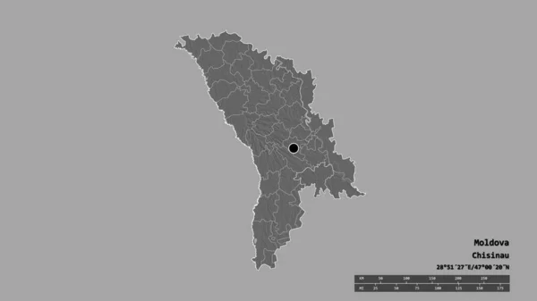以首都 主要区域分部和分离的考塞尼地区为首都的摩尔多瓦的荒凉面貌 Bilevel高程图 3D渲染 — 图库照片
