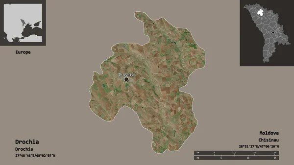 摩尔多瓦Drochia地区的形状及其首都 距离刻度 预览和标签 卫星图像 3D渲染 — 图库照片