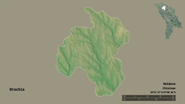 モルドバの地区 ドロキアの形状は その首都はしっかりとした背景に隔離されています 距離スケール リージョンプレビュー およびラベル 地形図 3Dレンダリング — ストック写真