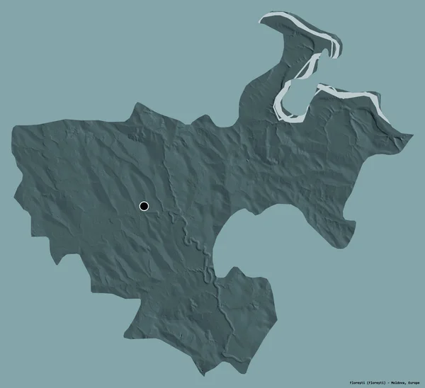 摩尔多瓦地区弗洛雷斯的形状 其首都以纯色背景隔离 彩色高程图 3D渲染 — 图库照片