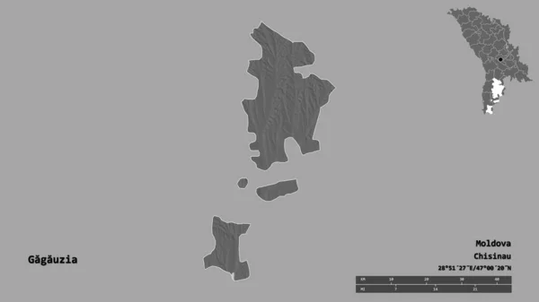 Gagauzia的形状 摩尔多瓦的自治领土 其首都孤立在坚实的背景下 距离尺度 区域预览和标签 Bilevel高程图 3D渲染 — 图库照片
