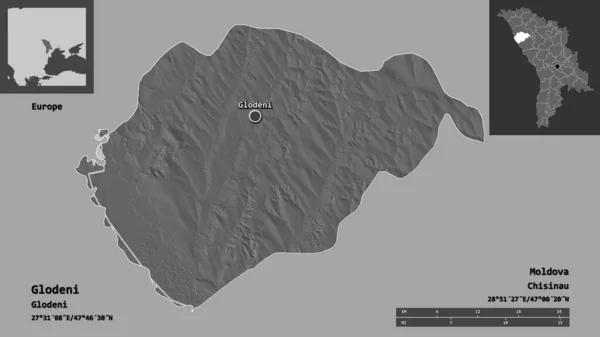 摩尔多瓦地区Glodeni的形状及其首都 距离刻度 预览和标签 Bilevel高程图 3D渲染 — 图库照片