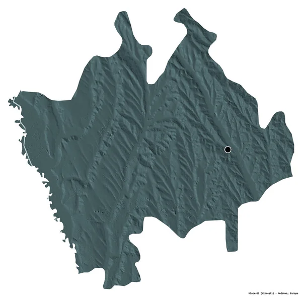 摩尔多瓦Hincesti区的形状 其首都因白人背景而孤立 彩色高程图 3D渲染 — 图库照片