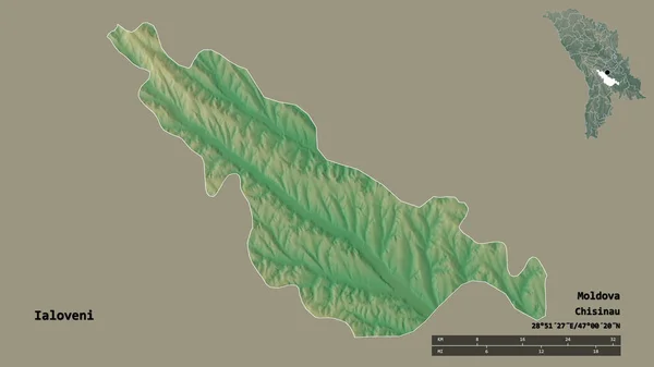 摩尔多瓦地区Ialoveni的形状 其首都在坚实的背景下与世隔绝 距离尺度 区域预览和标签 地形浮雕图 3D渲染 — 图库照片