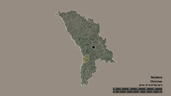 以首都 主要区域分部和分离的莱奥瓦地区为首都的摩尔多瓦的荒凉面貌 卫星图像 3D渲染 — 图库照片