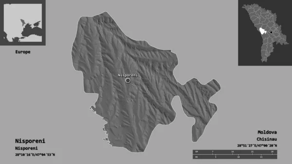 ニスポレンリの形 モルドバの地区 およびその首都 距離スケール プレビューおよびラベル 標高マップ 3Dレンダリング — ストック写真