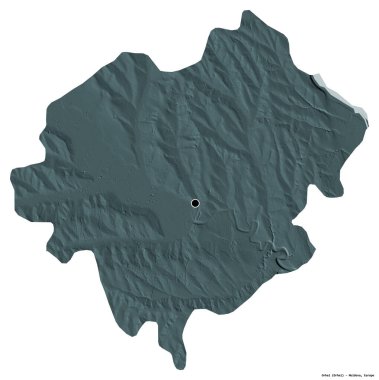 Moldova 'nın Orhei ilçesi, başkenti beyaz arka planda izole edilmiş. Renkli yükseklik haritası. 3B görüntüleme