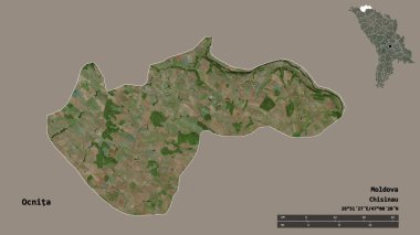 Moldova 'nın Ocnita ilçesi, başkenti sağlam arka planda izole edilmiş. Uzaklık ölçeği, bölge önizlemesi ve etiketleri. Uydu görüntüleri. 3B görüntüleme