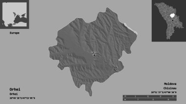 Moldova 'nın Orhei ilçesi ve başkenti. Uzaklık ölçeği, ön gösterimler ve etiketler. Çift seviyeli yükseklik haritası. 3B görüntüleme