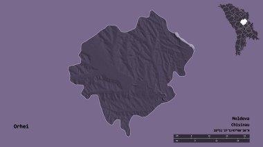 Moldova 'nın Orhei ilçesi, başkenti sağlam arka planda izole edilmiş. Uzaklık ölçeği, bölge önizlemesi ve etiketleri. Renkli yükseklik haritası. 3B görüntüleme