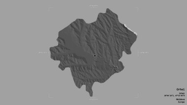Moldova 'nın Orhei ilçesi, jeoreferatlı bir sınır kutusunda sağlam bir arka planda izole edilmiş. Etiketler. Çift seviyeli yükseklik haritası. 3B görüntüleme