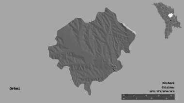 Moldova 'nın Orhei ilçesi, başkenti sağlam arka planda izole edilmiş. Uzaklık ölçeği, bölge önizlemesi ve etiketleri. Çift seviyeli yükseklik haritası. 3B görüntüleme